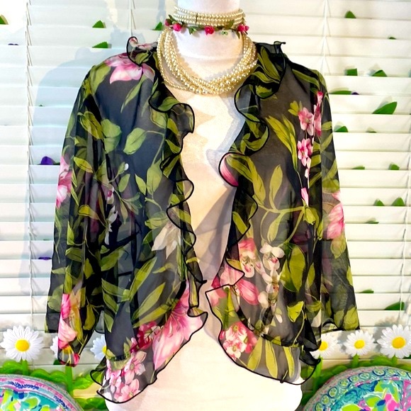 Positive Attitude Jackets & Blazers - Positive Attitude sheer floral ruffle jacket